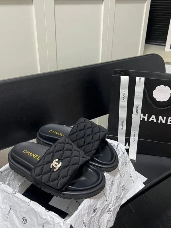 Premium Black Quilted Flip Flops with Box Carry Bag - 1077