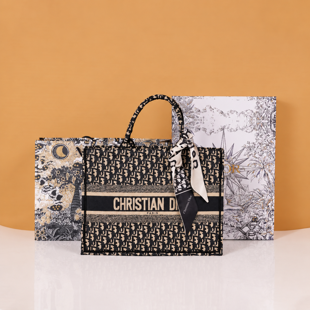 Premium Embroidered Black Tote Bag with Box, Dust Bag Scarf - 155