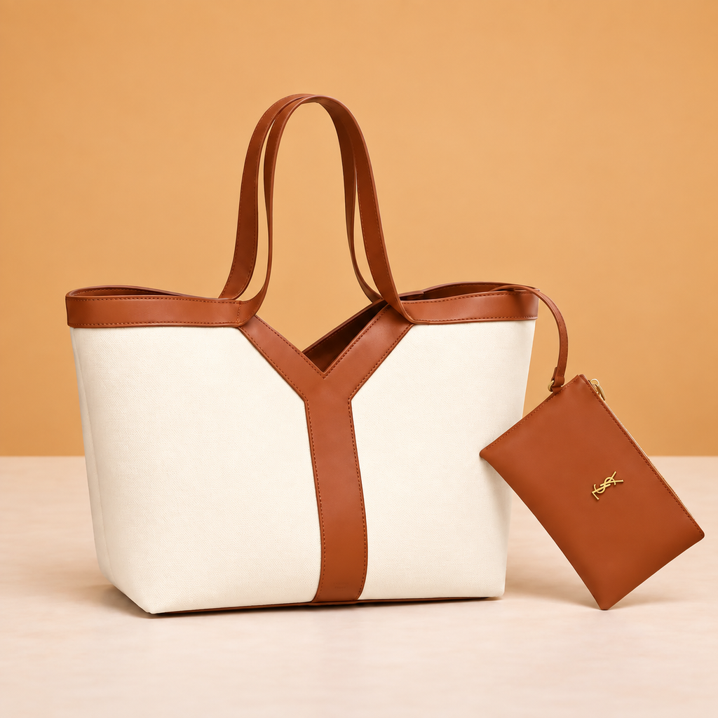 Premium Beige &amp; Brown Canvas Tote Bag with Detachable Pouch