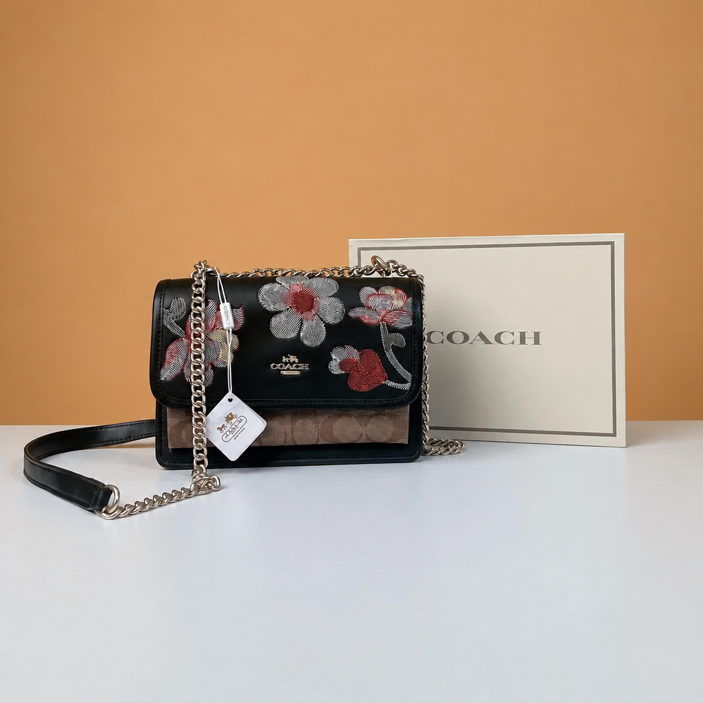 Premium Klare Black Floral Embroidered Sling Bag with Chain Strap