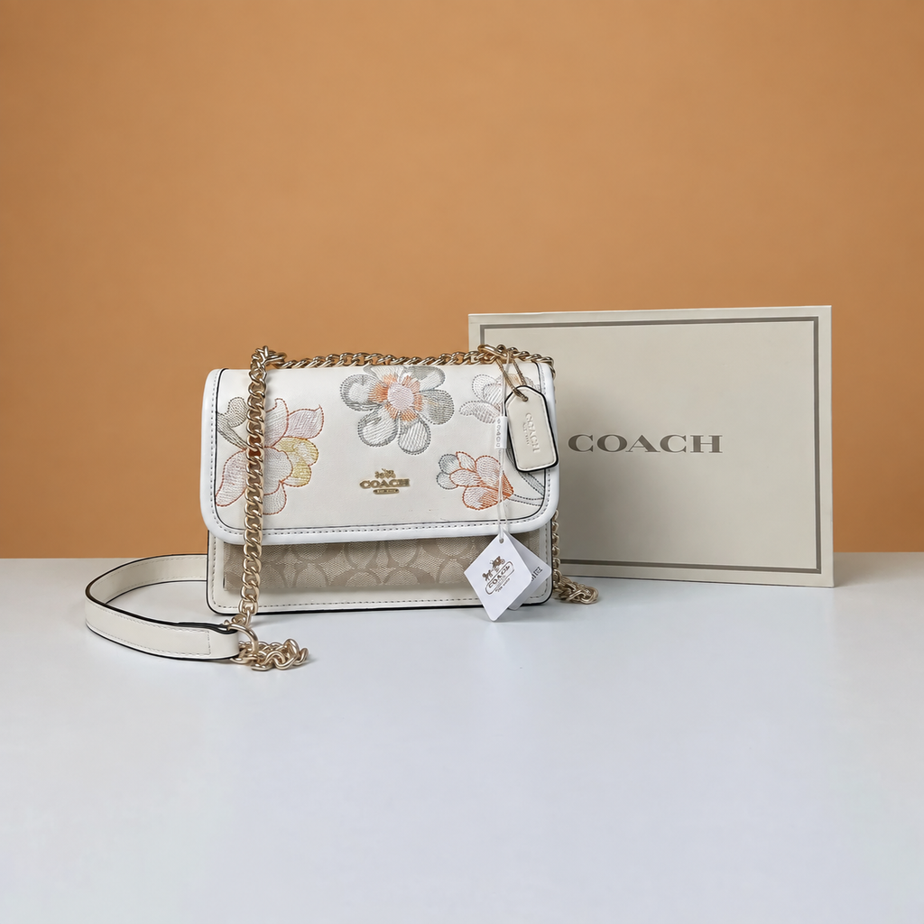 Premium Klare White Floral Embroidered Sling Bag with Chain Strap