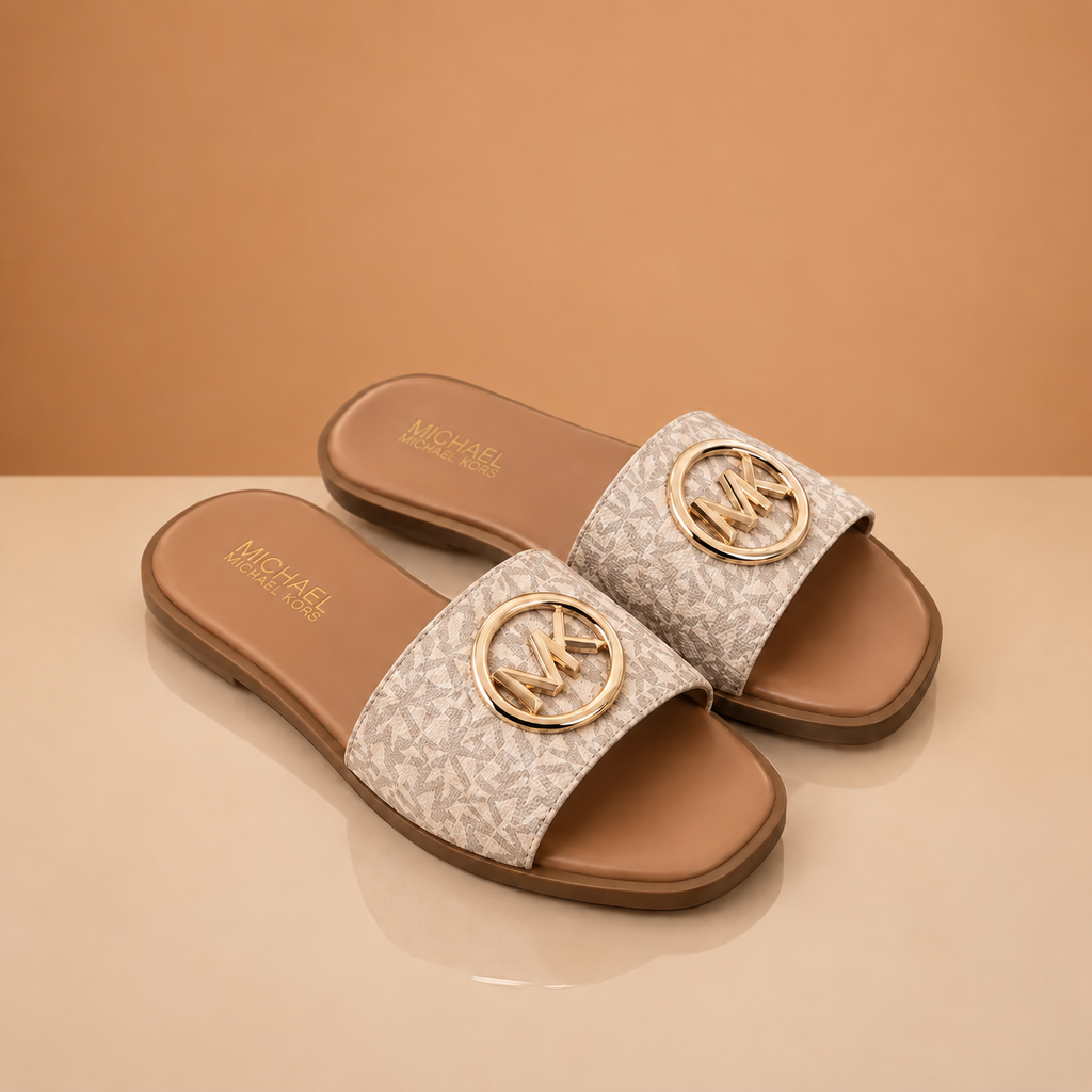 Premium Tan Flat Slippers with Gold-Tone Accent