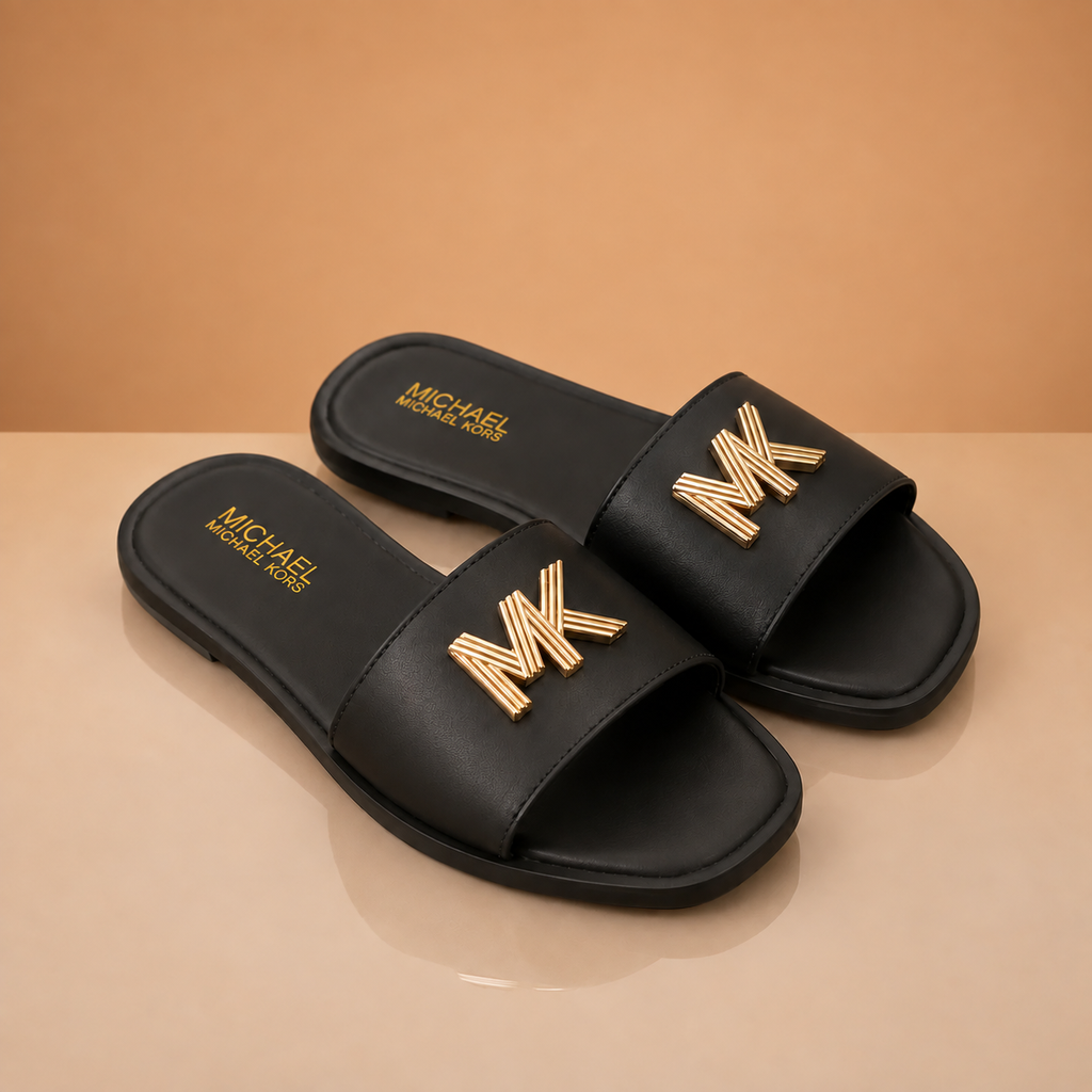 Premium Black Flat Slippers with Gold-Tone Accent
