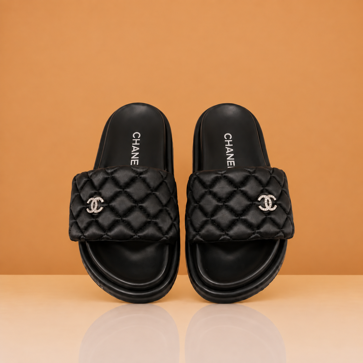 Premium Black Quilted Flip Flops with Box Carry Bag - 1077