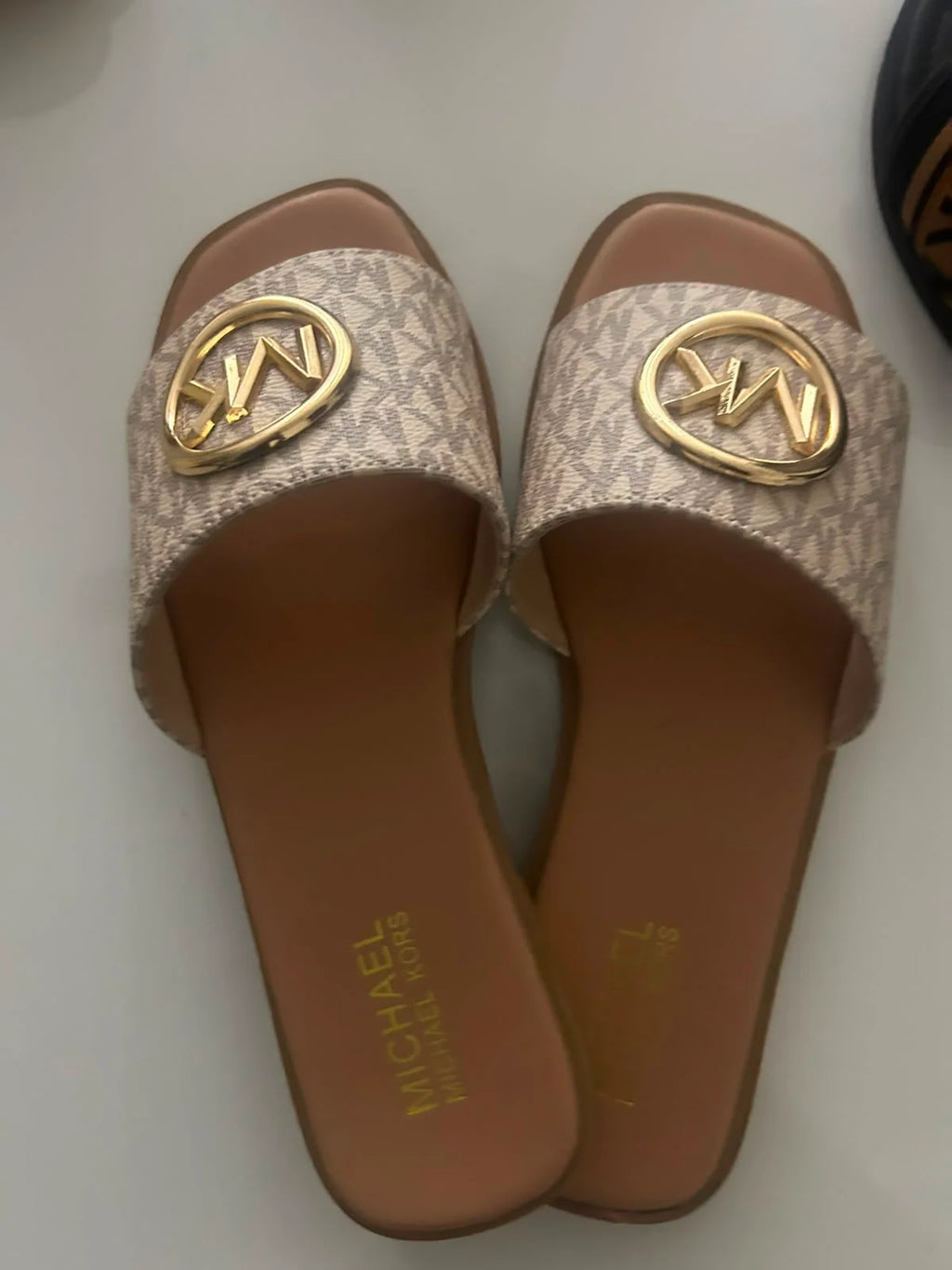 Premium Tan Flat Slippers with Gold-Tone Accent