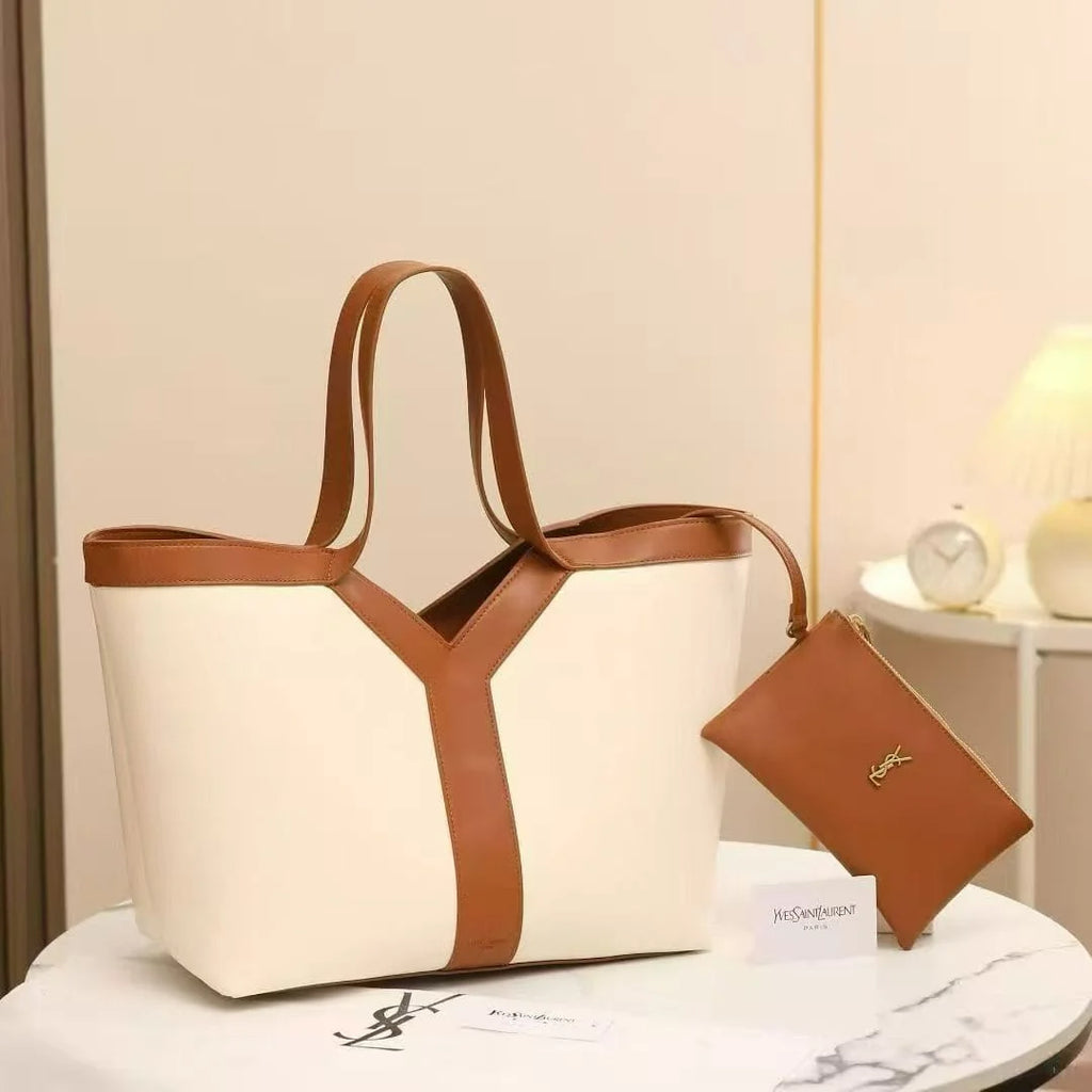 Premium Beige &amp; Brown Canvas Tote Bag with Detachable Pouch
